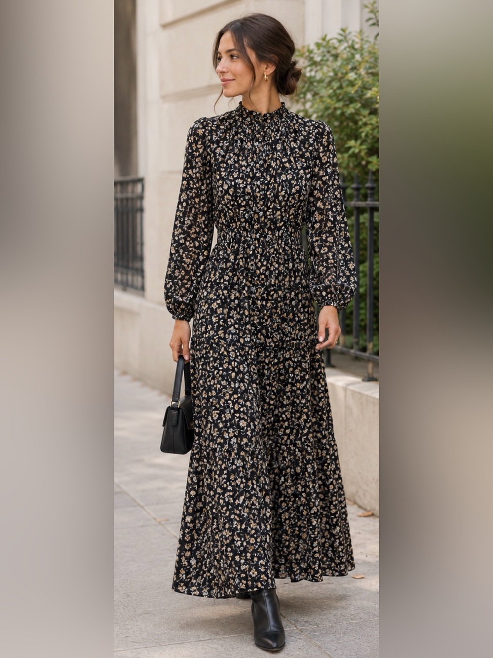 Zara Black Floral High-Neck Long Sleeve Maxi Dress